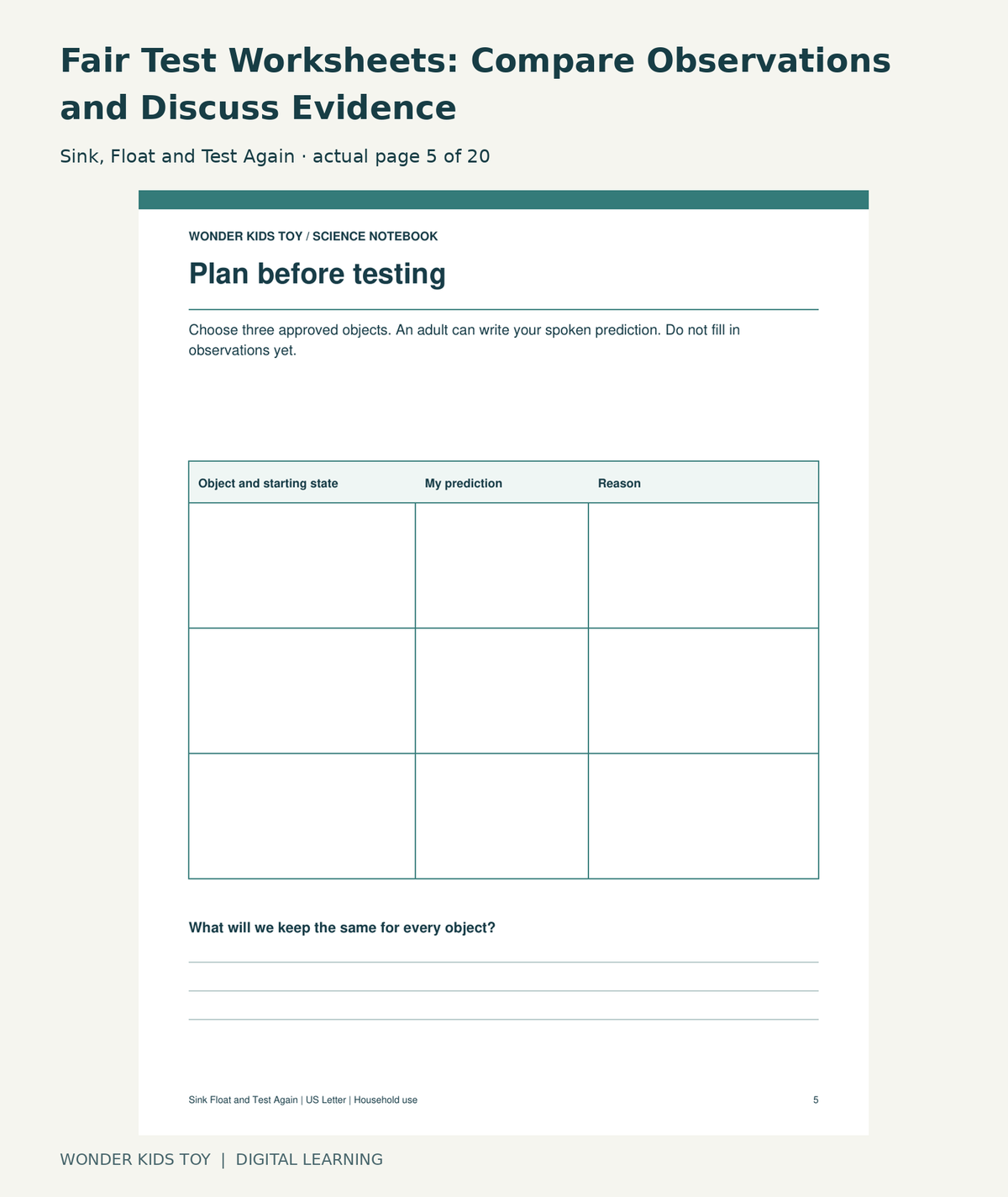 Fair Test Worksheets: Compare Observations and Discuss Evidence: Sink, Float and Test Again actual included page 5