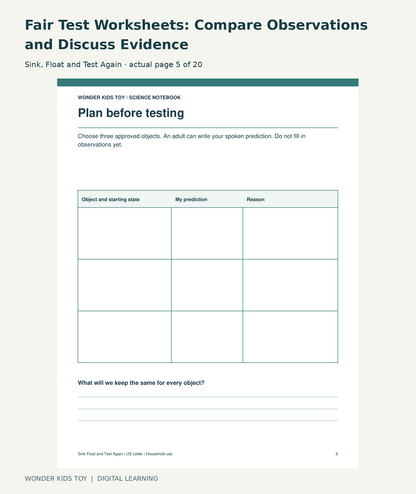 Fair Test Worksheets: Compare Observations and Discuss Evidence: Sink, Float and Test Again actual included page 5
