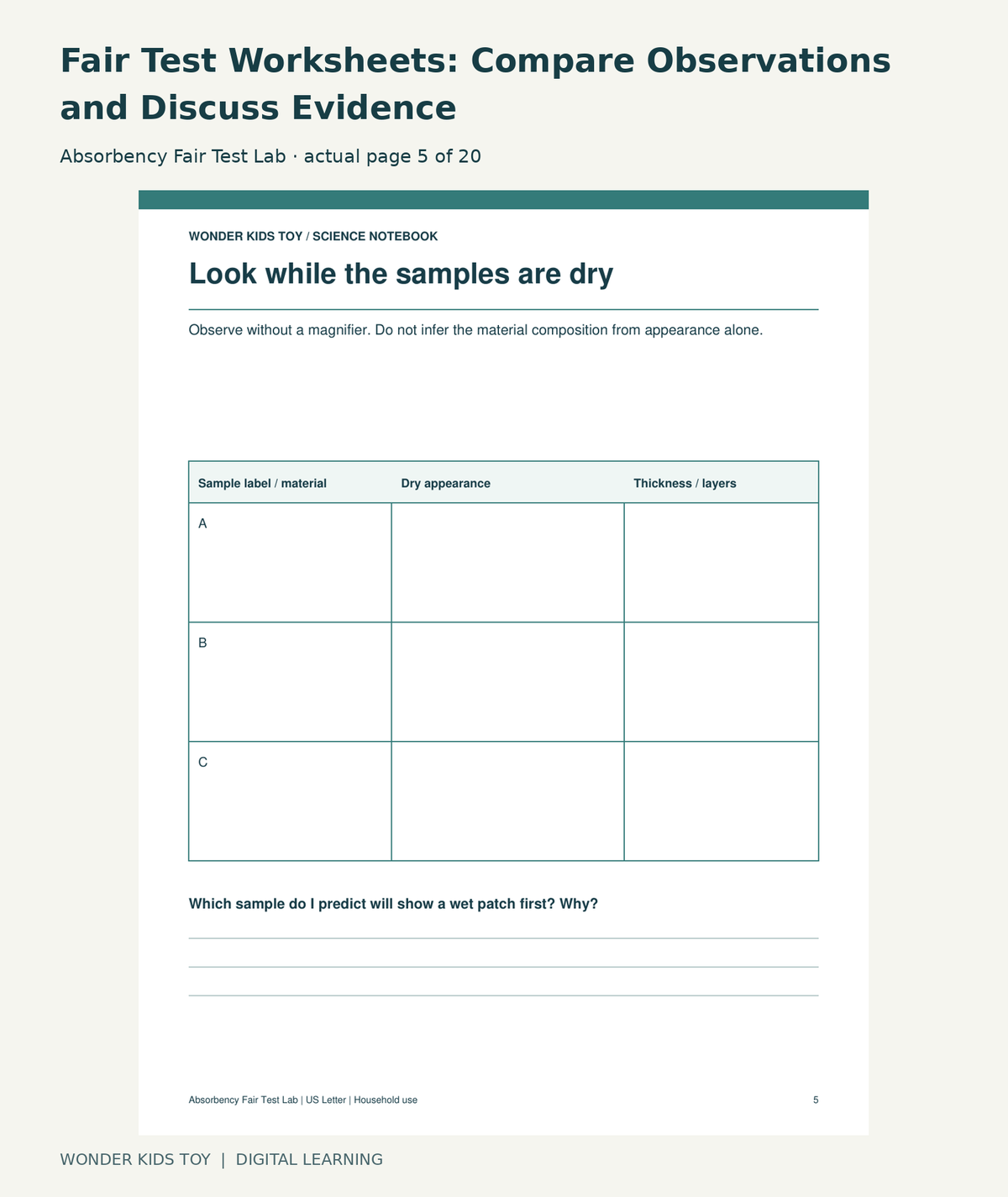 Fair Test Worksheets: Compare Observations and Discuss Evidence: Absorbency Fair Test Lab actual included page 5