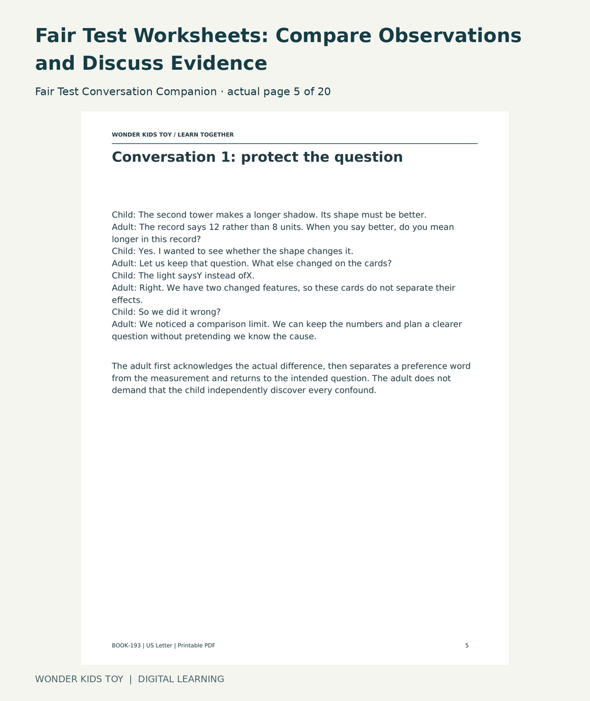 Fair Test Worksheets: Compare Observations and Discuss Evidence: Fair Test Conversation Companion actual included page 5