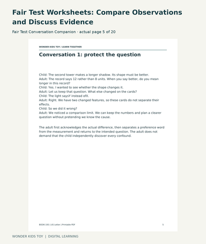 Fair Test Worksheets: Compare Observations and Discuss Evidence: Fair Test Conversation Companion actual included page 5