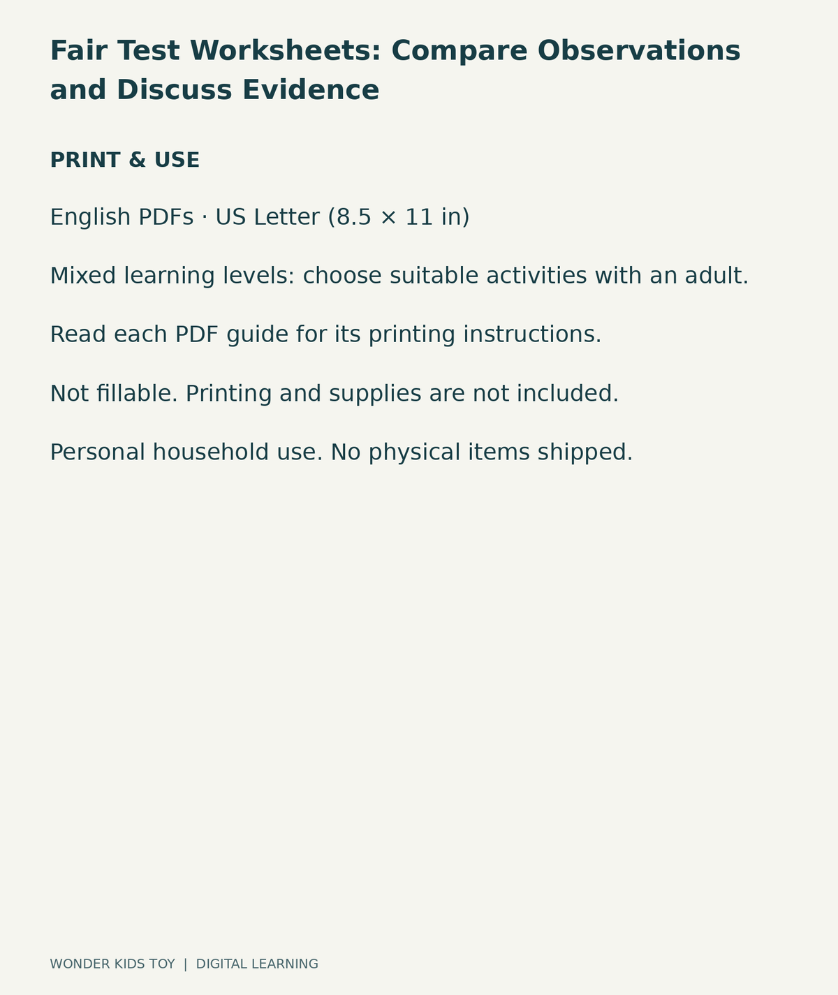 Fair Test Worksheets: Compare Observations and Discuss Evidence: US Letter digital PDF print and household-use information