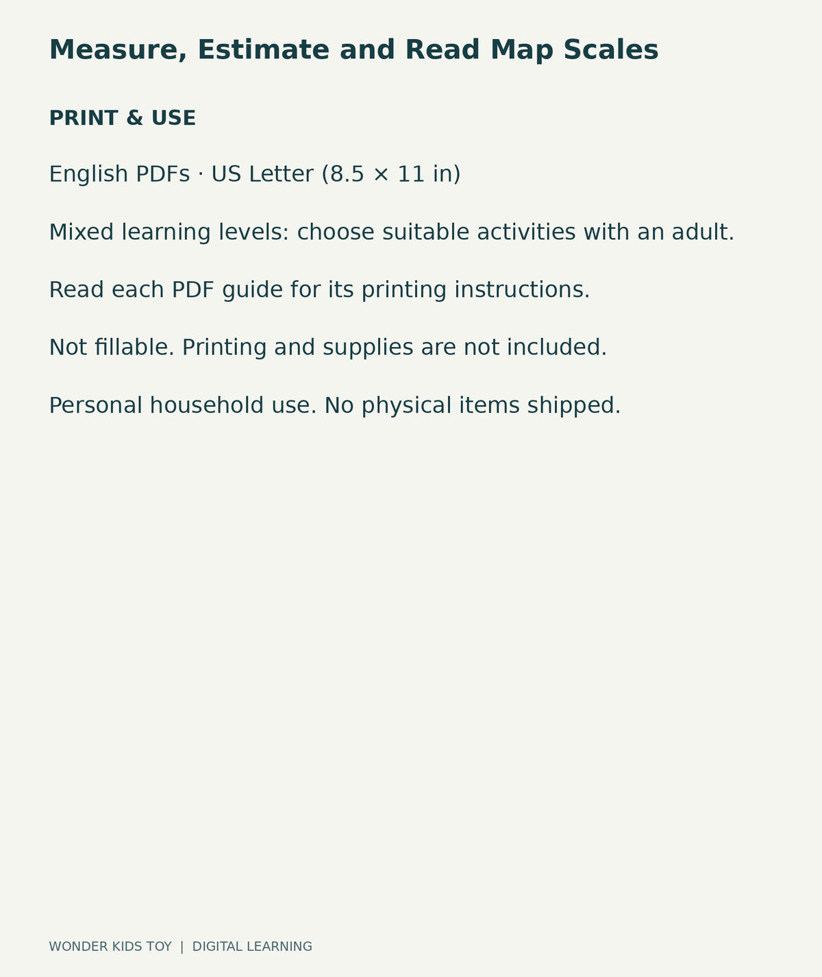 Measure, Estimate and Read Map Scales: US Letter digital PDF print and household-use information