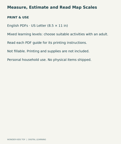 Measure, Estimate and Read Map Scales: US Letter digital PDF print and household-use information