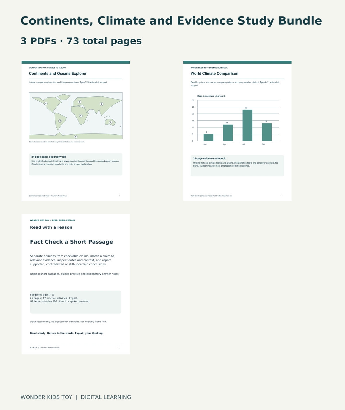 Continents, Climate and Evidence Study Bundle: actual included PDF covers