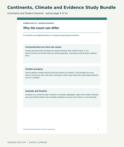 Continents, Climate and Evidence Study Bundle: Continents and Oceans Explorer actual included page 5