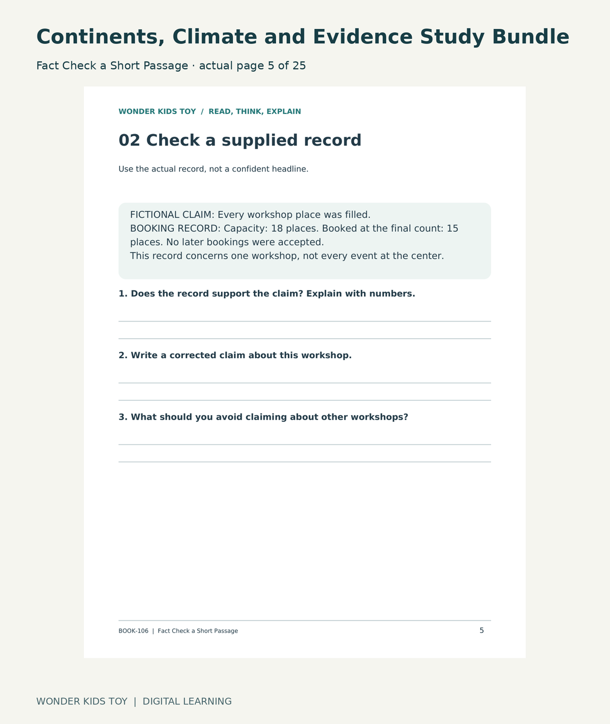 Continents, Climate and Evidence Study Bundle: Fact Check a Short Passage actual included page 5
