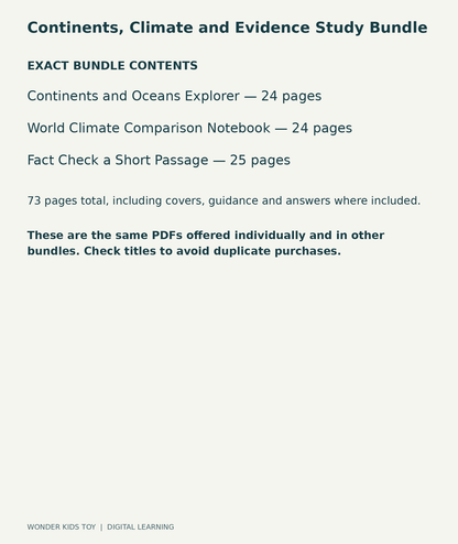 Continents, Climate and Evidence Study Bundle: exact contents, 3 PDFs and 73 total pages