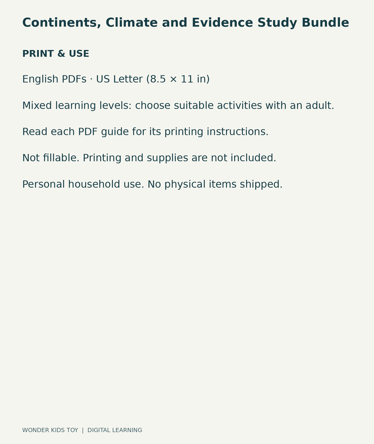 Continents, Climate and Evidence Study Bundle: US Letter digital PDF print and household-use information