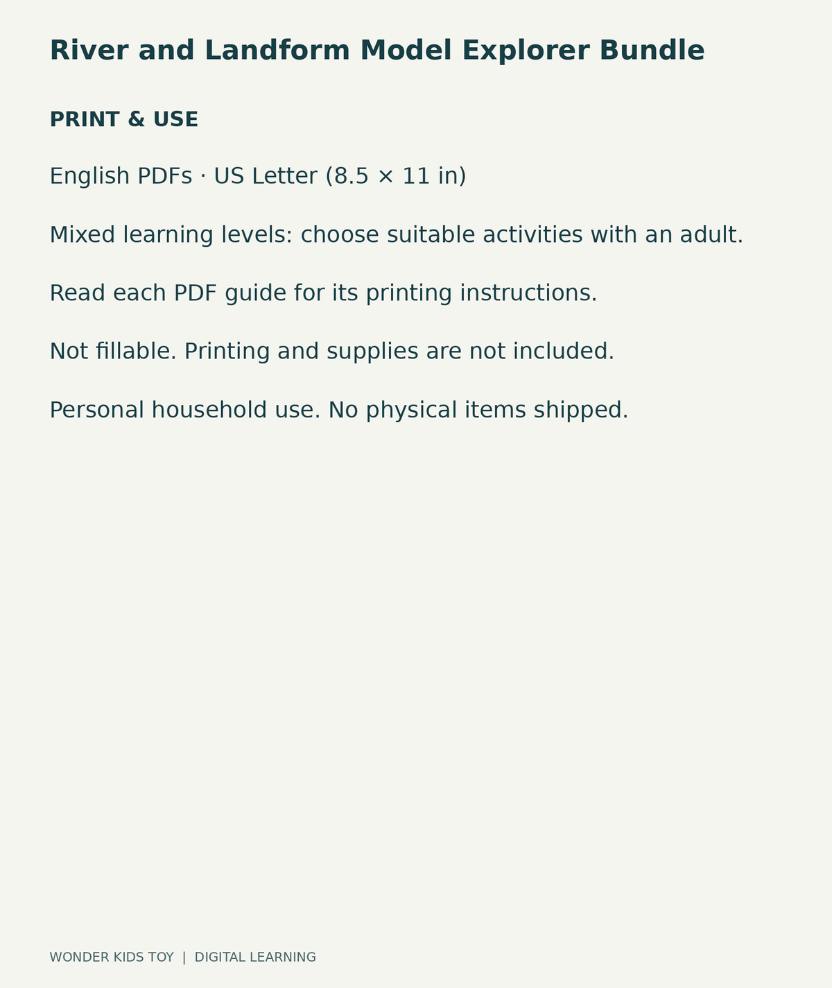 River and Landform Model Explorer Bundle: US Letter digital PDF print and household-use information