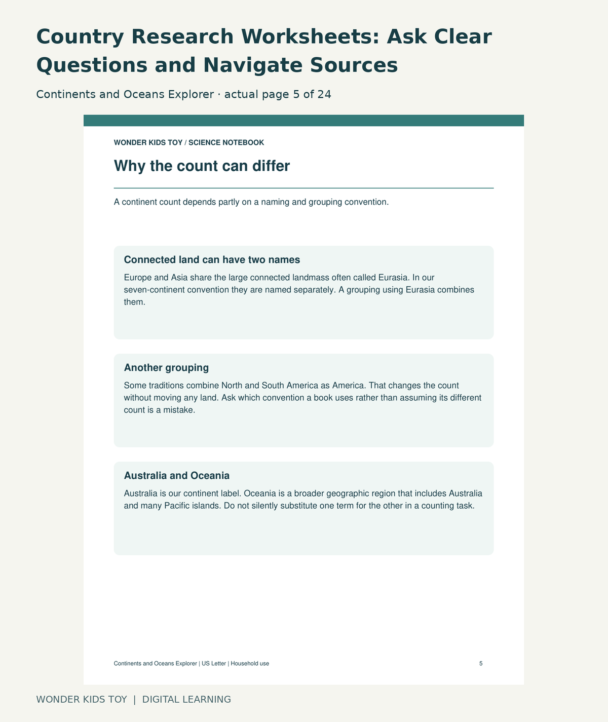 Country Research Worksheets: Ask Clear Questions and Navigate Sources: Continents and Oceans Explorer actual included page 5
