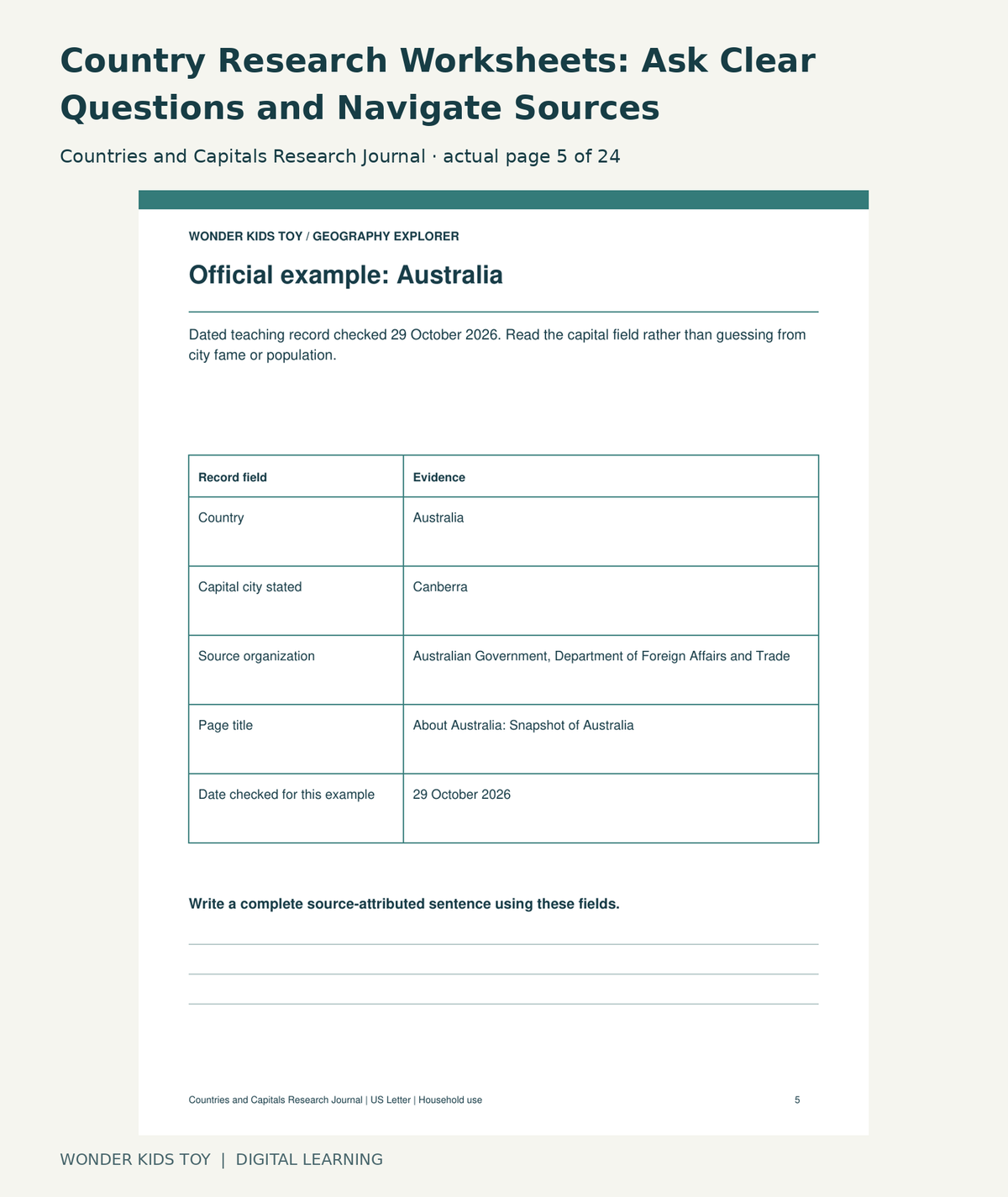 Country Research Worksheets: Ask Clear Questions and Navigate Sources: Countries and Capitals Research Journal actual included page 5
