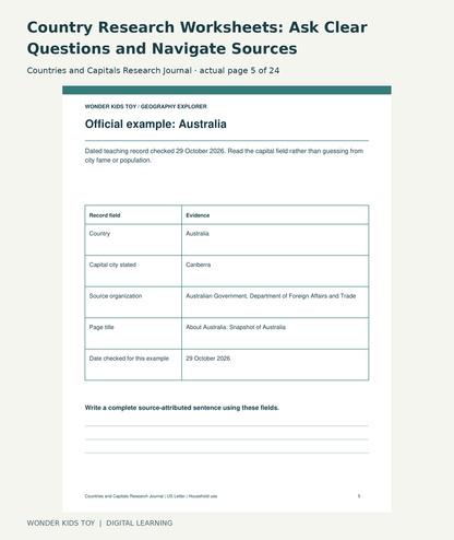 Country Research Worksheets: Ask Clear Questions and Navigate Sources: Countries and Capitals Research Journal actual included page 5