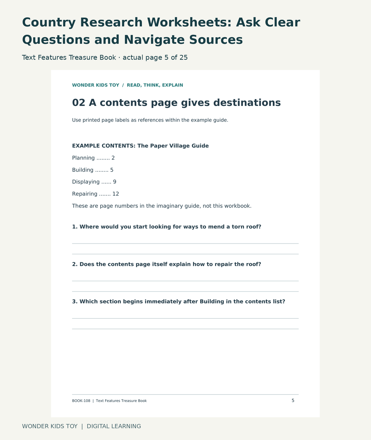 Country Research Worksheets: Ask Clear Questions and Navigate Sources: Text Features Treasure Book actual included page 5
