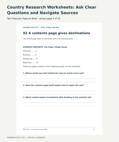 Country Research Worksheets: Ask Clear Questions and Navigate Sources: Text Features Treasure Book actual included page 5