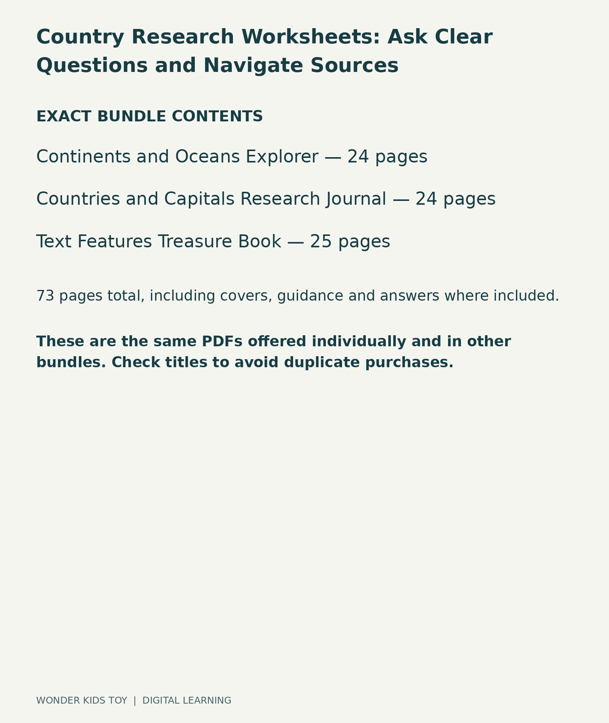 Country Research Worksheets: Ask Clear Questions and Navigate Sources: exact contents, 3 PDFs and 73 total pages