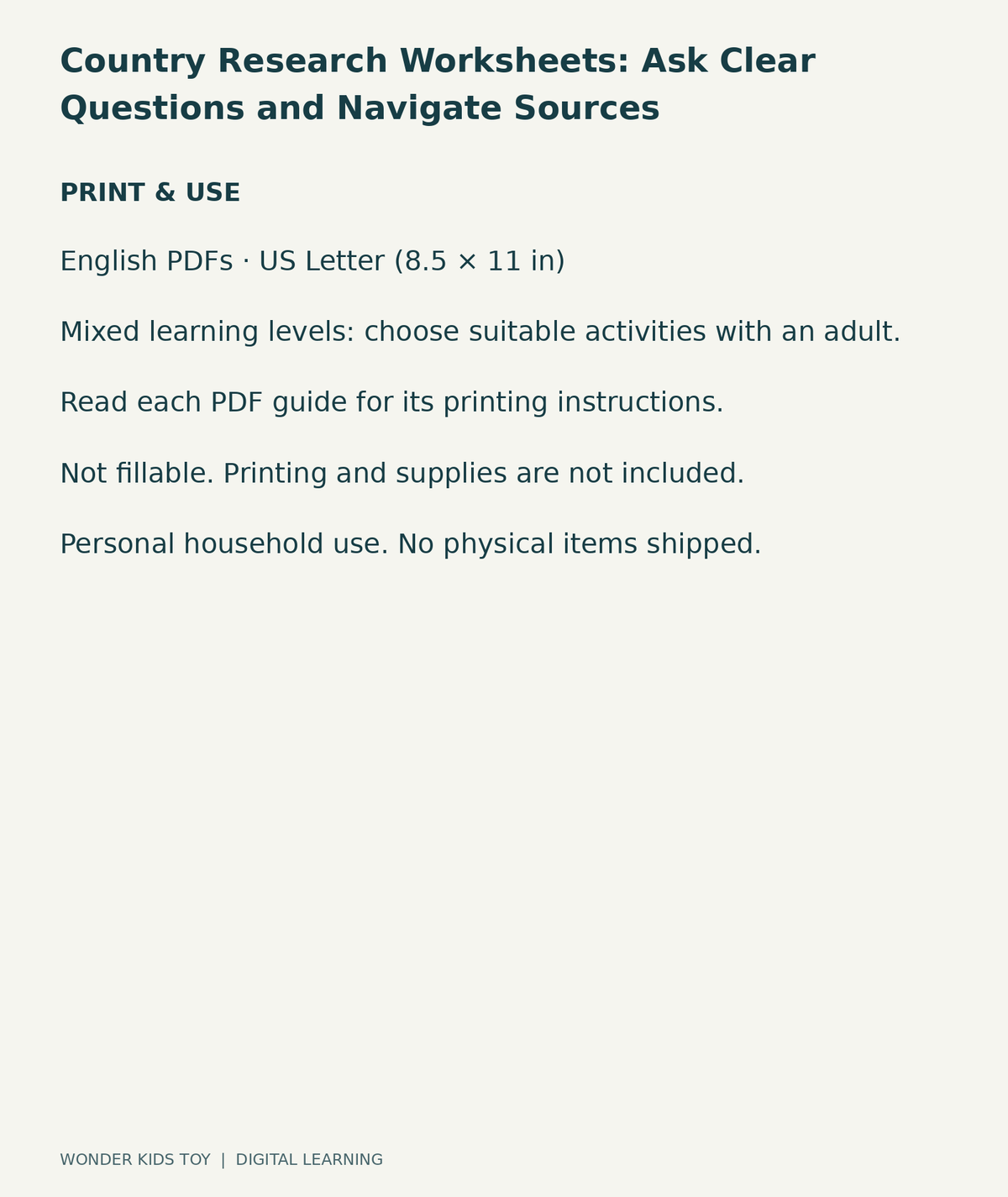 Country Research Worksheets: Ask Clear Questions and Navigate Sources: US Letter digital PDF print and household-use information