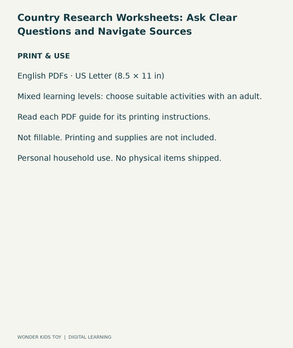 Country Research Worksheets: Ask Clear Questions and Navigate Sources: US Letter digital PDF print and household-use information