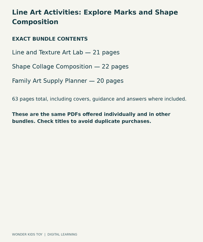 Line Art Activities: Explore Marks and Shape Composition: exact contents, 3 PDFs and 63 total pages