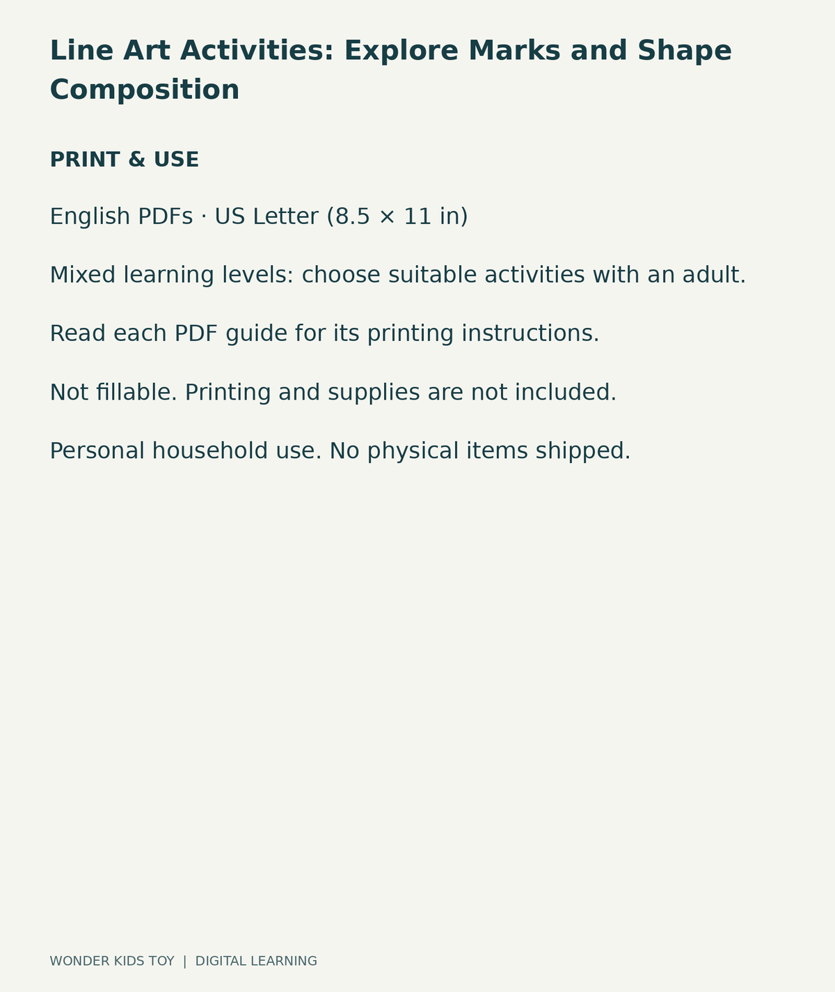 Line Art Activities: Explore Marks and Shape Composition: US Letter digital PDF print and household-use information