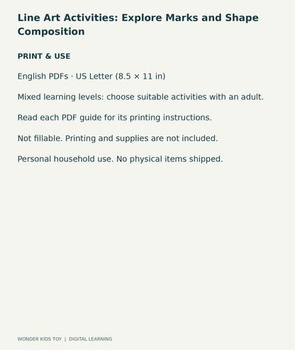 Line Art Activities: Explore Marks and Shape Composition: US Letter digital PDF print and household-use information