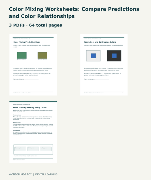 Color Mixing Worksheets: Compare Predictions and Color Relationships: actual included PDF covers