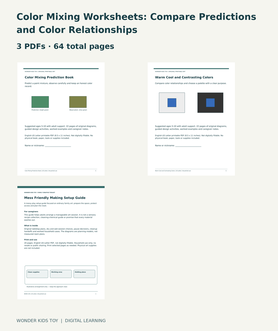 Color Mixing Worksheets: Compare Predictions and Color Relationships: actual included PDF covers