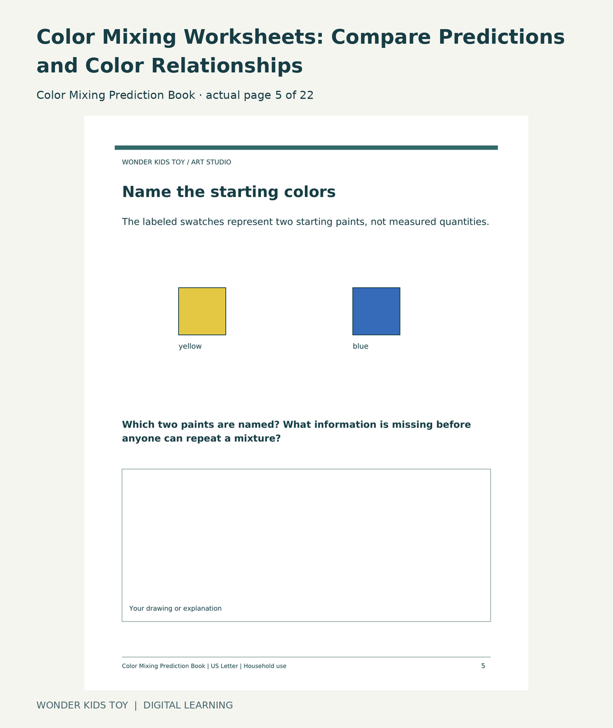 Color Mixing Worksheets: Compare Predictions and Color Relationships: Color Mixing Prediction Book actual included page 5