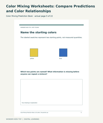 Color Mixing Worksheets: Compare Predictions and Color Relationships: Color Mixing Prediction Book actual included page 5