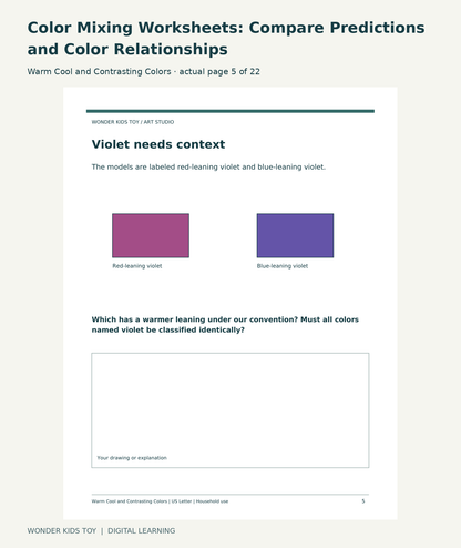 Color Mixing Worksheets: Compare Predictions and Color Relationships: Warm Cool and Contrasting Colors actual included page 5