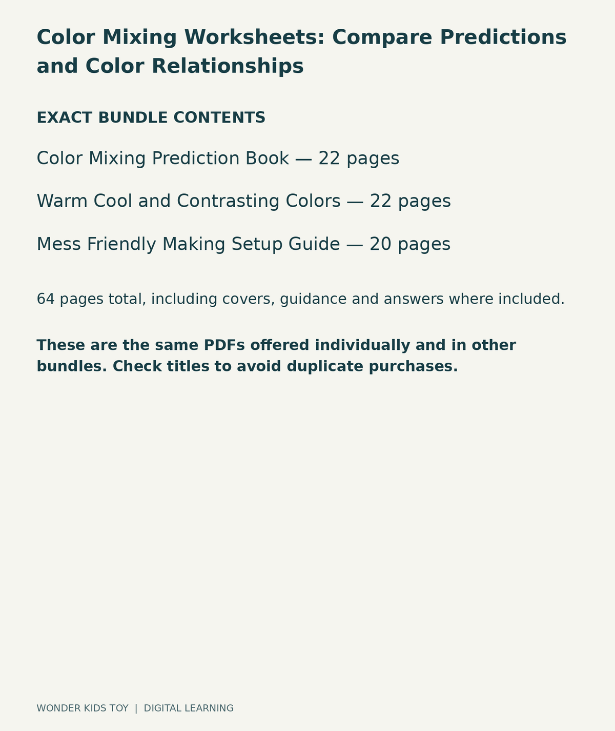 Color Mixing Worksheets: Compare Predictions and Color Relationships: exact contents, 3 PDFs and 64 total pages