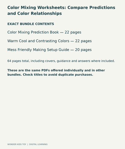 Color Mixing Worksheets: Compare Predictions and Color Relationships: exact contents, 3 PDFs and 64 total pages