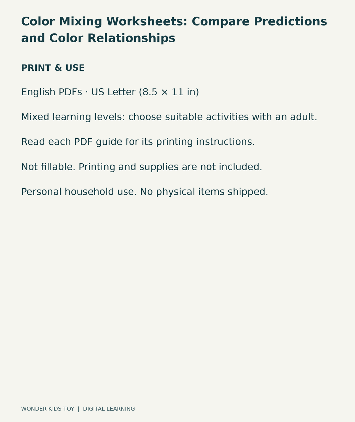 Color Mixing Worksheets: Compare Predictions and Color Relationships: US Letter digital PDF print and household-use information