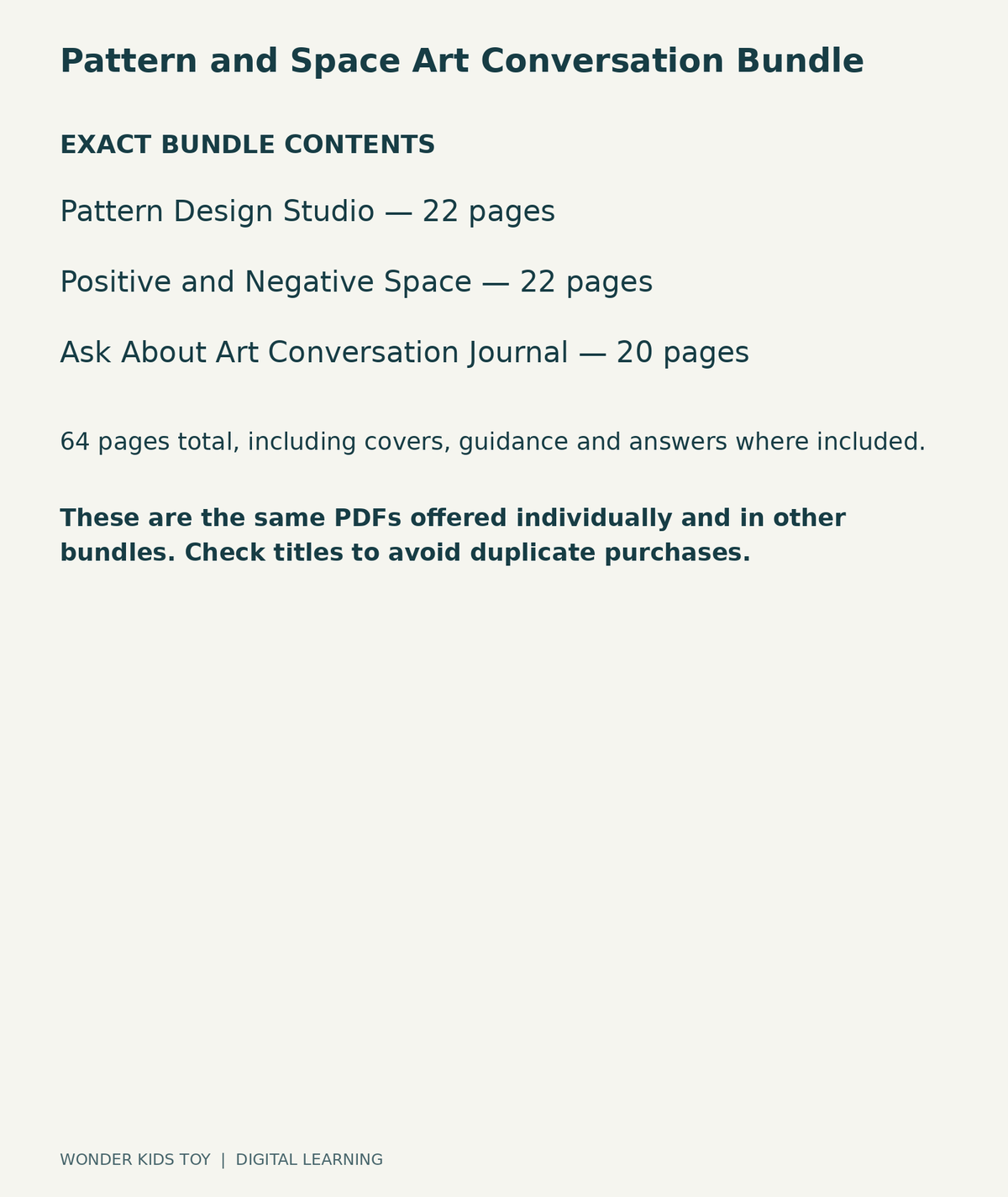 Pattern and Space Art Conversation Bundle: exact contents, 3 PDFs and 64 total pages