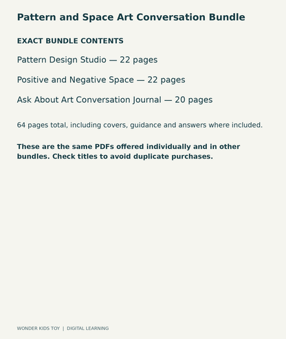 Pattern and Space Art Conversation Bundle: exact contents, 3 PDFs and 64 total pages