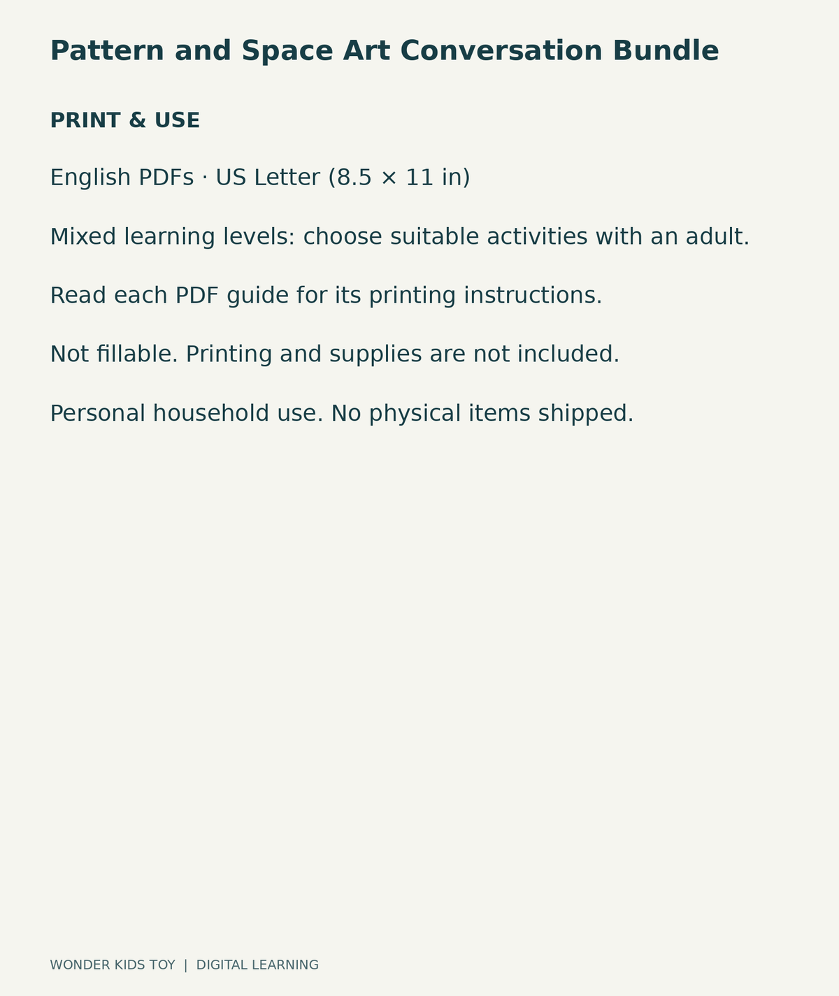 Pattern and Space Art Conversation Bundle: US Letter digital PDF print and household-use information
