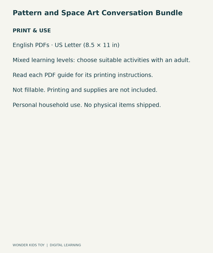 Pattern and Space Art Conversation Bundle: US Letter digital PDF print and household-use information