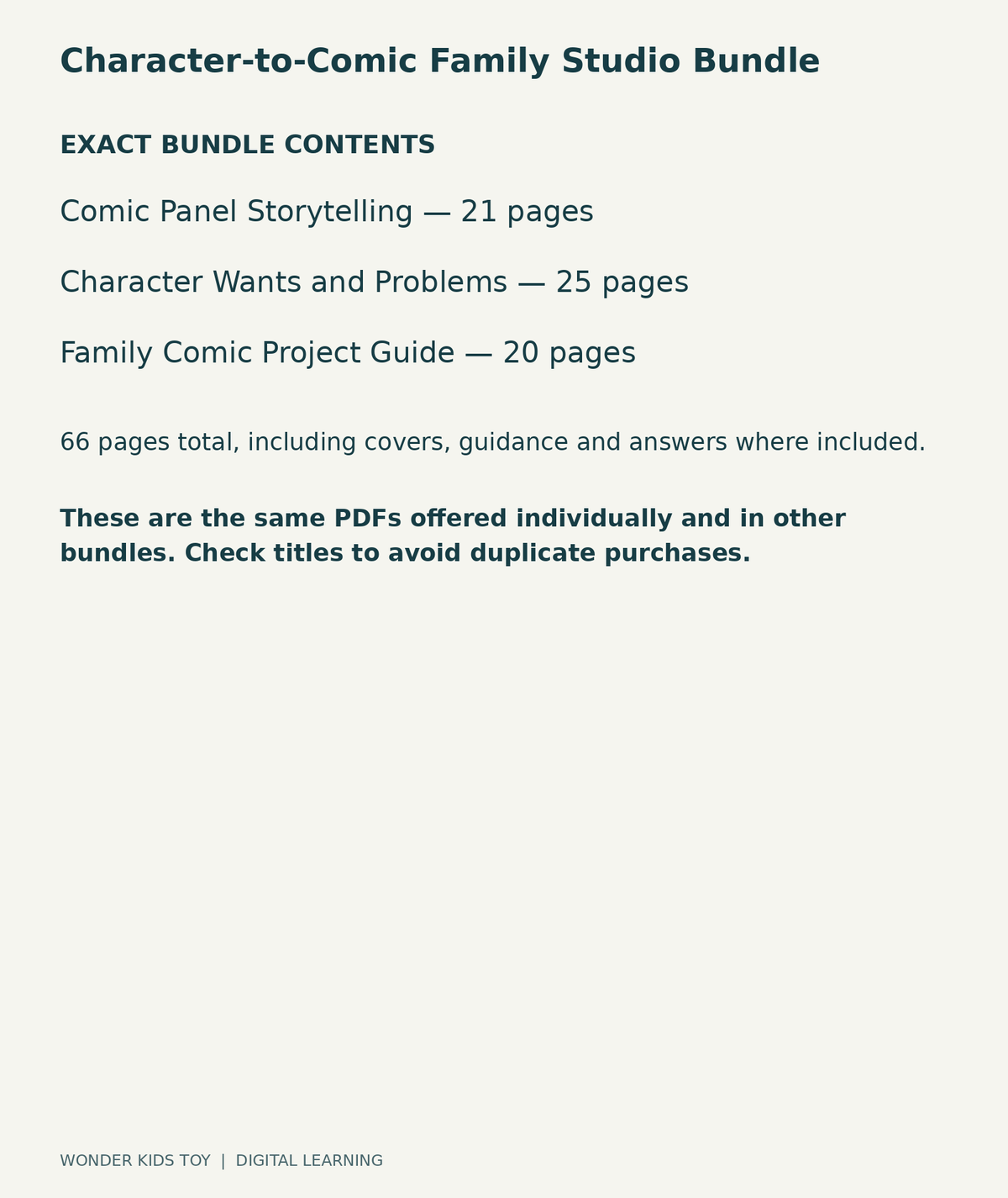 Character-to-Comic Family Studio Bundle: exact contents, 3 PDFs and 66 total pages