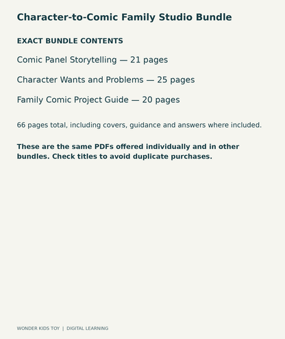 Character-to-Comic Family Studio Bundle: exact contents, 3 PDFs and 66 total pages