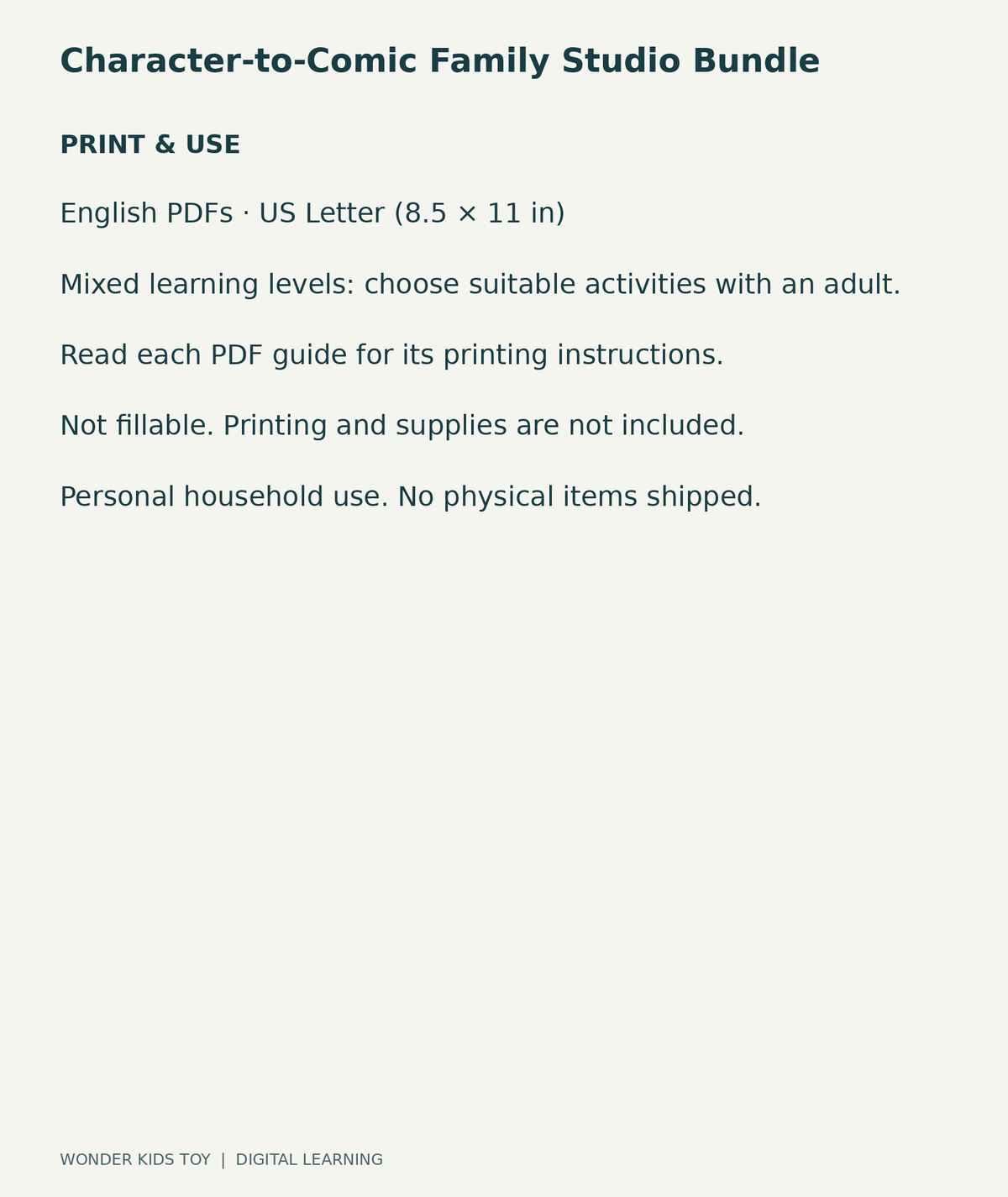 Character-to-Comic Family Studio Bundle: US Letter digital PDF print and household-use information