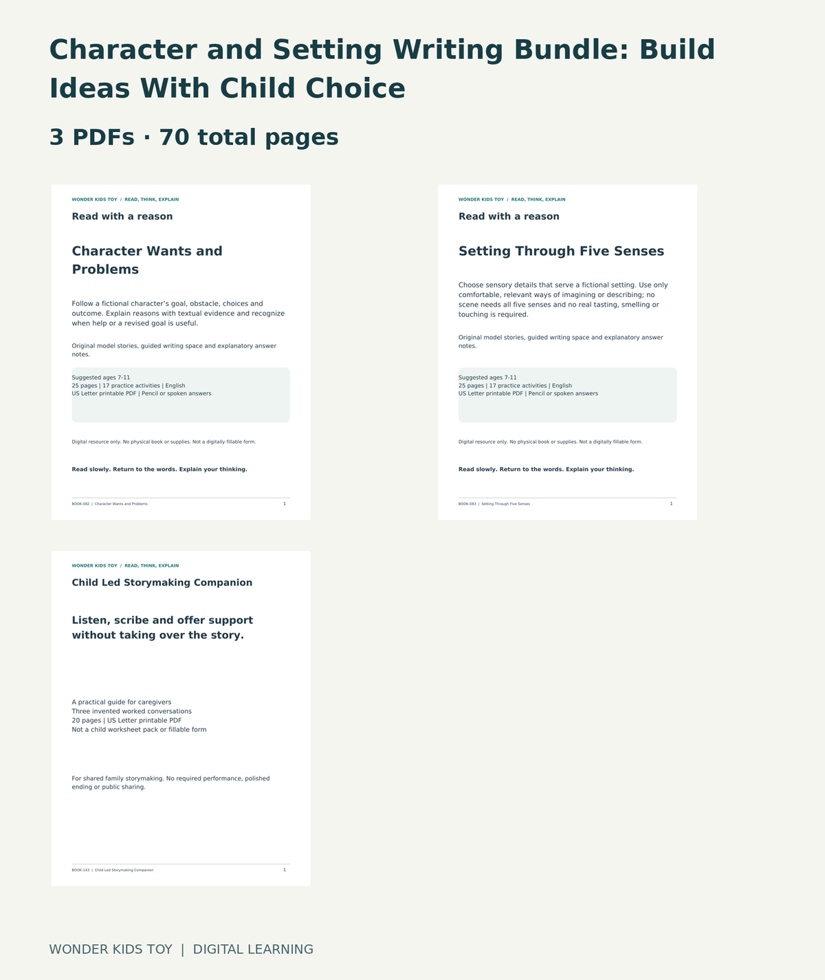 Character and Setting Writing Bundle: Build Ideas With Child Choice: actual included PDF covers