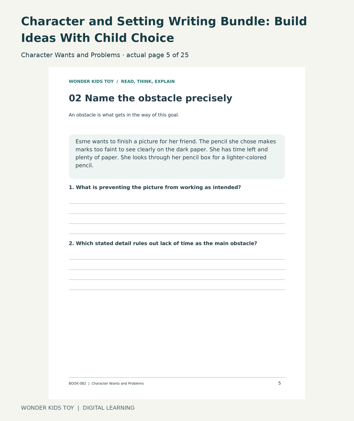Character and Setting Writing Bundle: Build Ideas With Child Choice: Character Wants and Problems actual included page 5