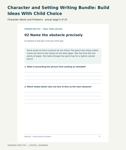 Character and Setting Writing Bundle: Build Ideas With Child Choice: Character Wants and Problems actual included page 5