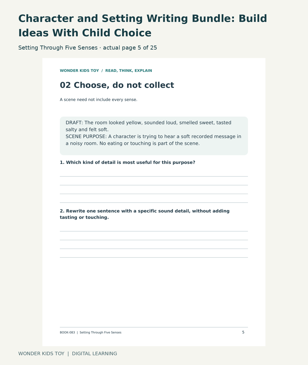 Character and Setting Writing Bundle: Build Ideas With Child Choice: Setting Through Five Senses actual included page 5