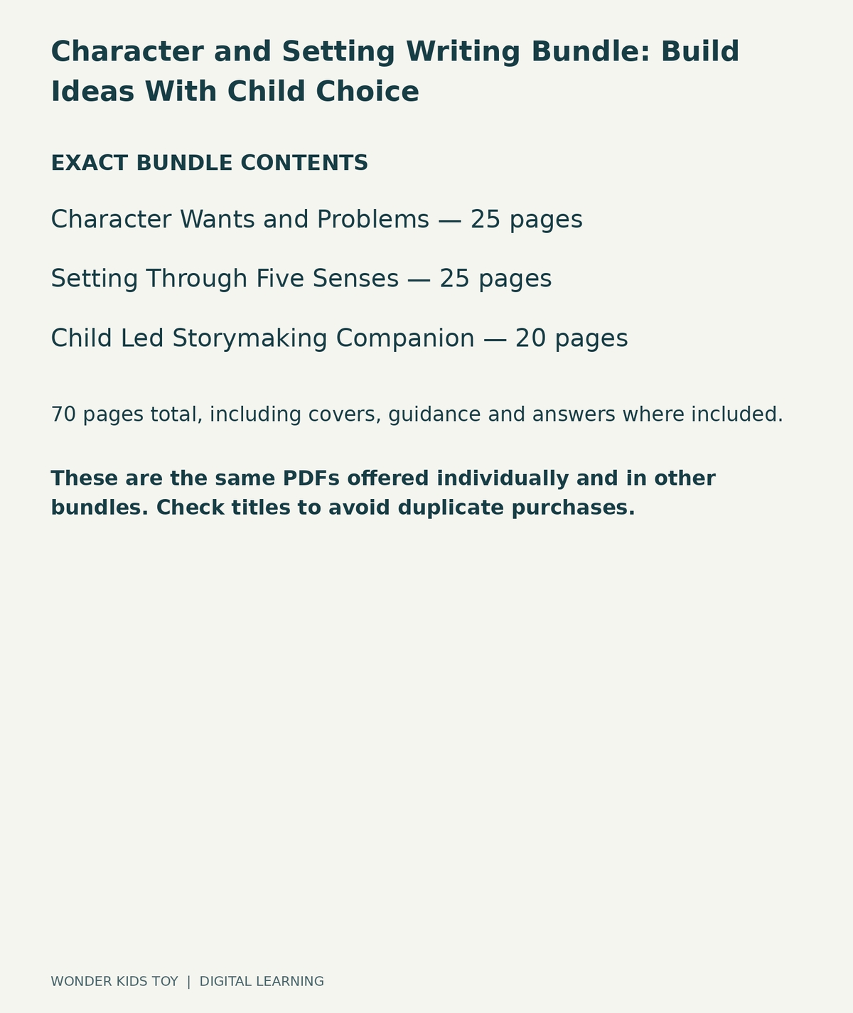 Character and Setting Writing Bundle: Build Ideas With Child Choice: exact contents, 3 PDFs and 70 total pages