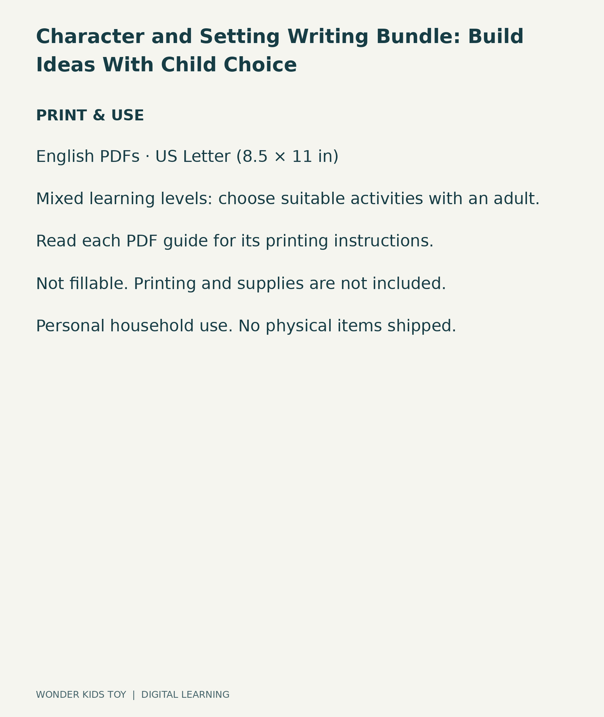 Character and Setting Writing Bundle: Build Ideas With Child Choice: US Letter digital PDF print and household-use information