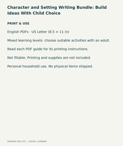 Character and Setting Writing Bundle: Build Ideas With Child Choice: US Letter digital PDF print and household-use information