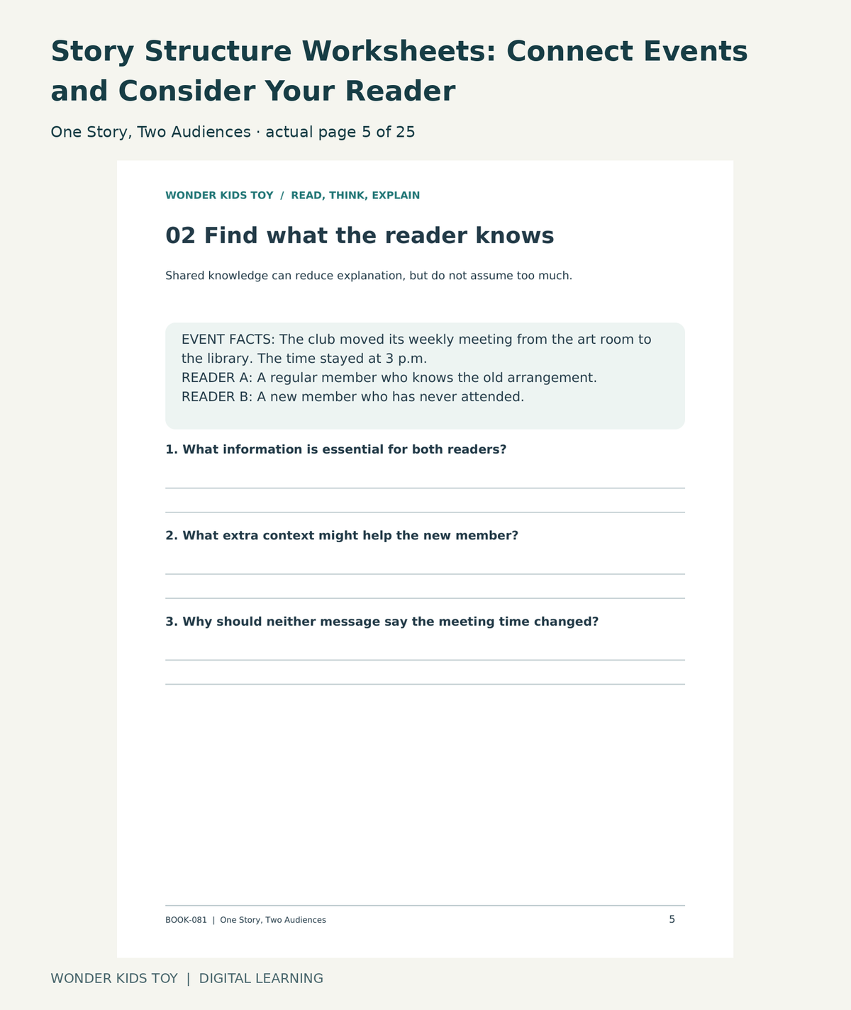 Story Structure Worksheets: Connect Events and Consider Your Reader: One Story, Two Audiences actual included page 5