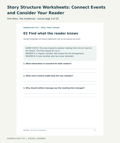Story Structure Worksheets: Connect Events and Consider Your Reader: One Story, Two Audiences actual included page 5
