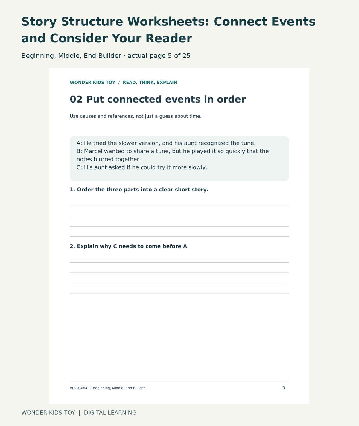 Story Structure Worksheets: Connect Events and Consider Your Reader: Beginning, Middle, End Builder actual included page 5